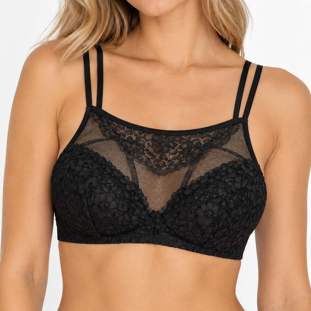 Xhilaration Black Floral Lace High Neck Bralette Strappy Criss Cross Back Bra